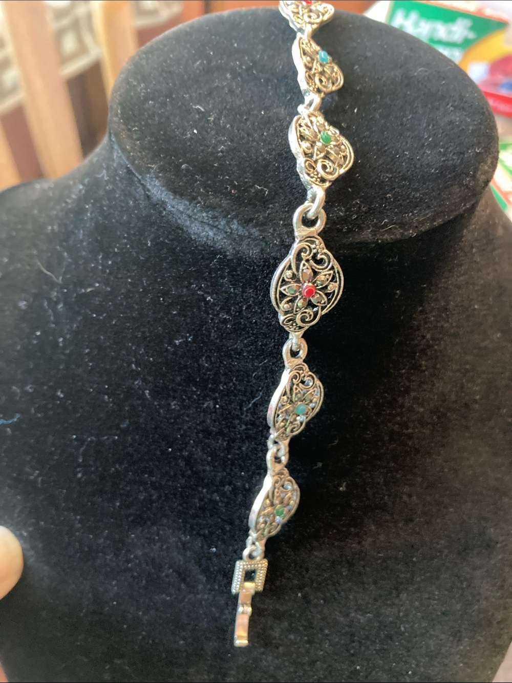 Silver Tone Filigree Bracelet with Colorful Accents